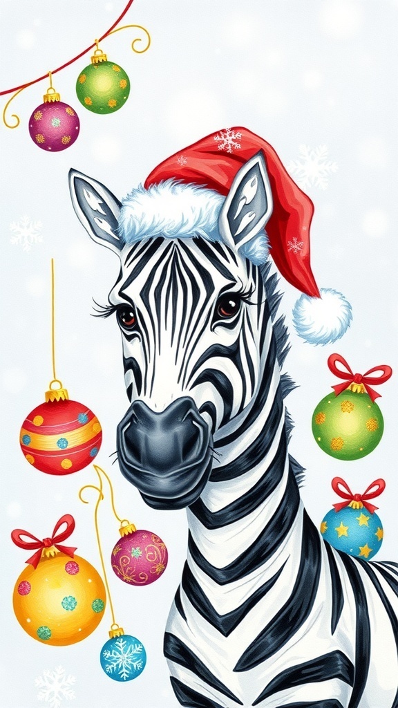 A festive zebra drawing with a Santa hat and Christmas decorations.